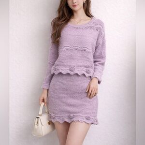 Alpaca, Wool and Cashmere blended Lavender Knit Sweater and Skirt Set